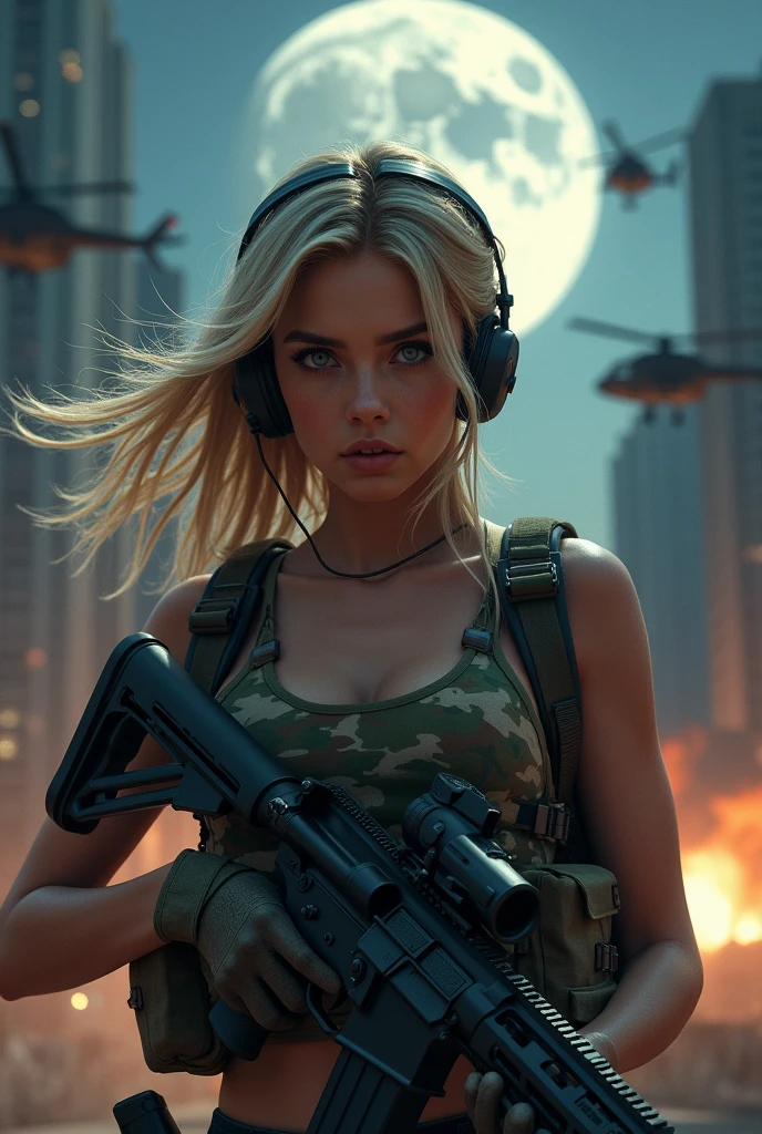 Realistic、Photorealistic、Realistic skin texture、Photo quality、high resolution、High definition、Beautiful arabian girl、The upper body is wearing a camouflage bra top.、Youthful Looking Face、Manhattan night view、Very beautiful 1 female soldier、Carrying a military backpack、Wearing a bulletproof vest、Aiming an M4 automatic rifle、Shooting a realistic sniper rifle、Blond medium-long hair fluttering in the wind、Wearing a walkie-talkie headset、Young face、Three military helicopters are flying in the sky.、The background is a skyscraper district、Smoky battlefield、The background is the night sky、A huge full moon in the center of the sky、The person is a full-body angle、Watching the audience、facing towards the cameraman