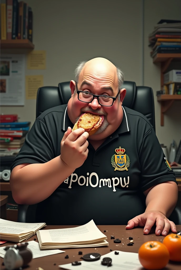 white male, aged 50, baldie, SMOOTH FACE, wearing glasses, cheeky, Scrawny, but very pot-bellied. Eating a baguette with lots of ham. Sitting behind a very messy desk, with computer, stacks of papers, crumbs and lots of Oreo cookies. Wearing a black shirt with the phrase: APOI0 MPU and a coat of arms of the Flamengo regatta club. A bag full of tangerines on the table. More Oreo Cookies.
