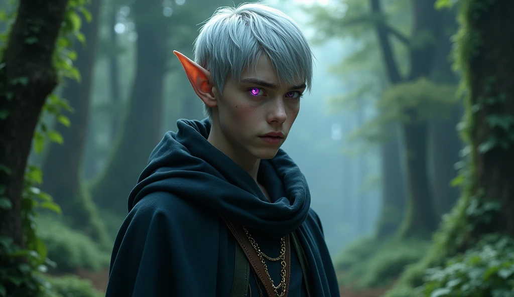 a teenager half-elf boy with silver short hair and purple eyes, silvan ehalf-elf, A boy wearing a black cloak, forest, The One Ring