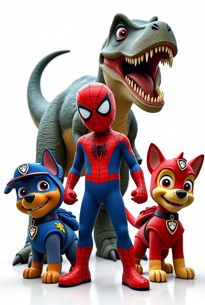 paw patrol in spiderman costume, spiderman and dinosaur on transparent background