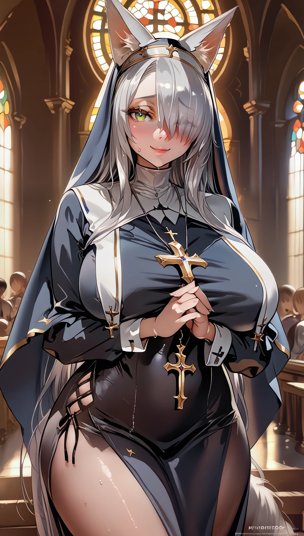 Anime Girls, (masterpiece, highest quality, 8K ultra-high resolution:1.4), beautiful detailed eyes, ultra-detailed, cowboy shot
1girl. solo, mature, adult, milf, facing viewer, looking at viewer,
silver hair, (hair over one eye:1.4), ((fox_ears:1.2)), silver fox_tails,
smile, blush, horny, sweat, nervous,
((nun:1.2)), gigantic breasts, big butts, thick thighs,