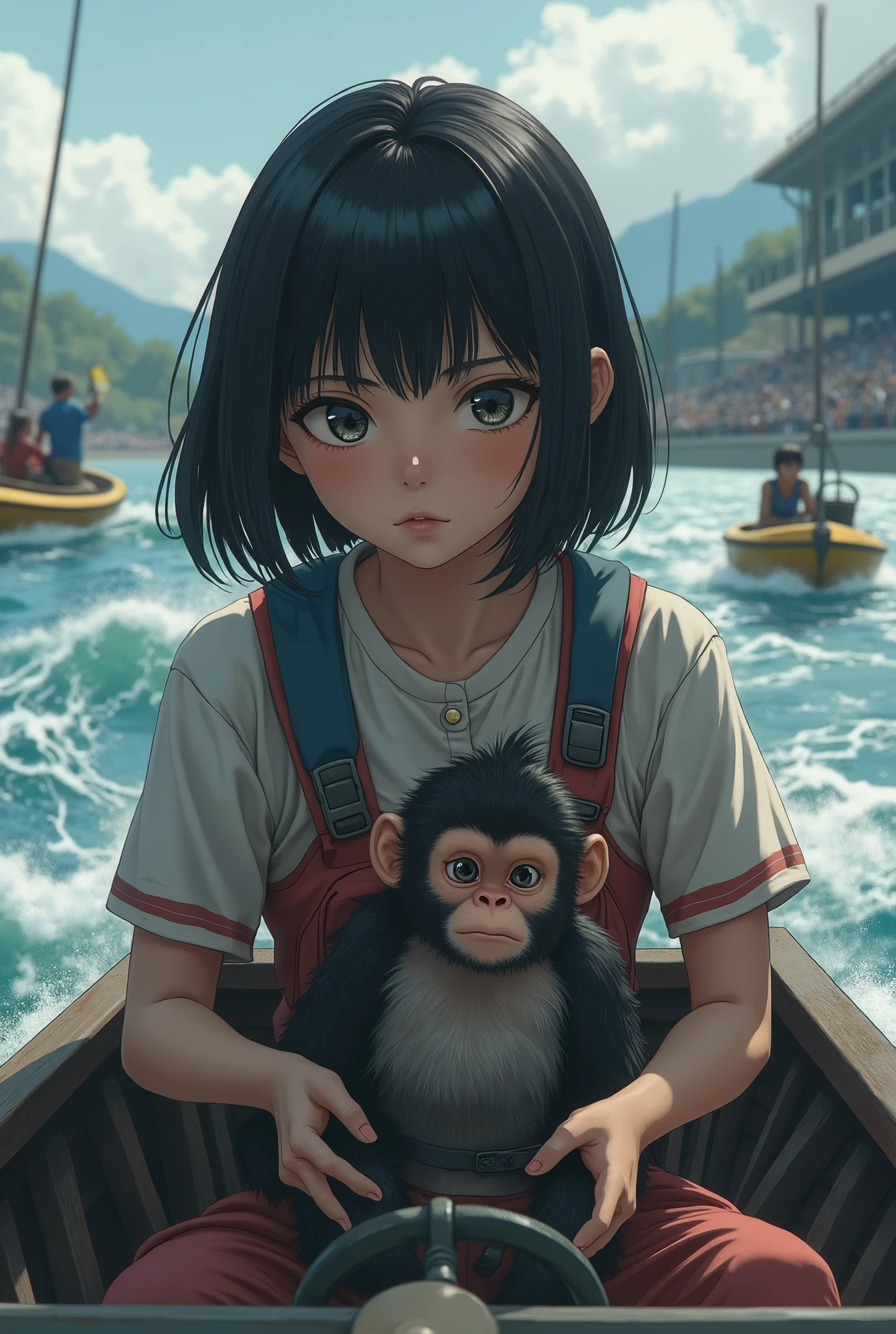 Depressed girl、Japanese、Black Hair、Bobcut、Boat racing、Monkey Turn、Real、Finish like a photo