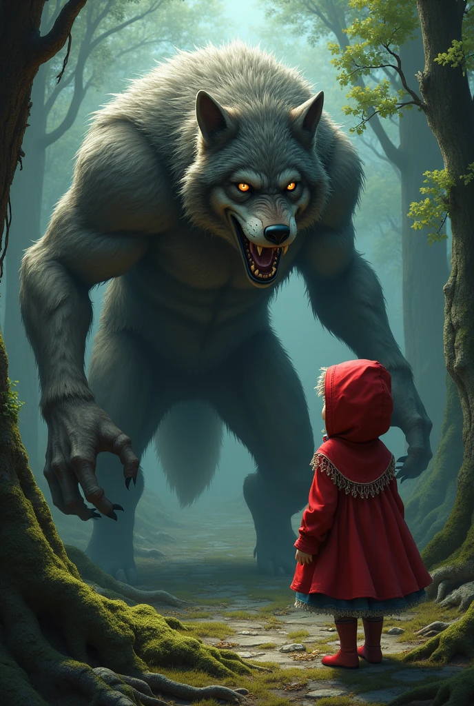 Make Little Red Riding Hood about  with the Big Bad Wolf real life art style 