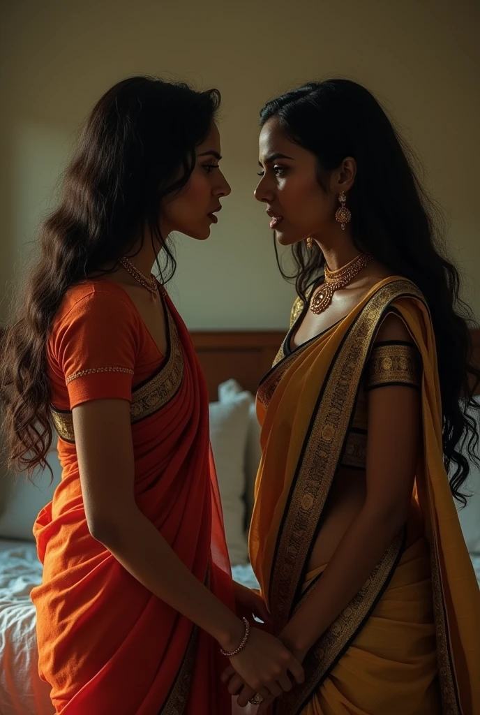 Two Indian women in saree with deep u neck blouse with strings standing side by side looking at each other in anger and catfight, with back view in bedroom