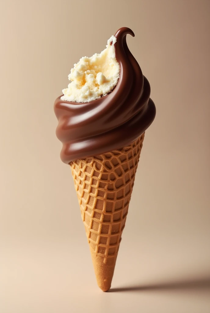 A professional confectionery photograph with a neutral background containing an ice cream cone covered in milk chocolate and filled with ????????, with a bite showing a little of the filling