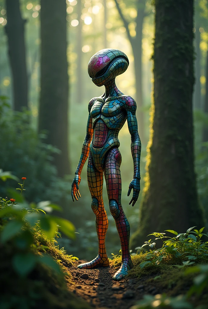 In the dense forest, Ceramic Alien, Diffuse lighting, fantasy, complex, elegant, Colorful grid suit,Ancient Trees,Sunlight,Mysterious atmosphere, Artworks of Yoshitaka Amano,(Best quality,4K,8k,high resolution,masterpiece:1.2),Ultra-detailed,Movie-grade lighting,Dramatic shadows,warm color,spirit,magic,
