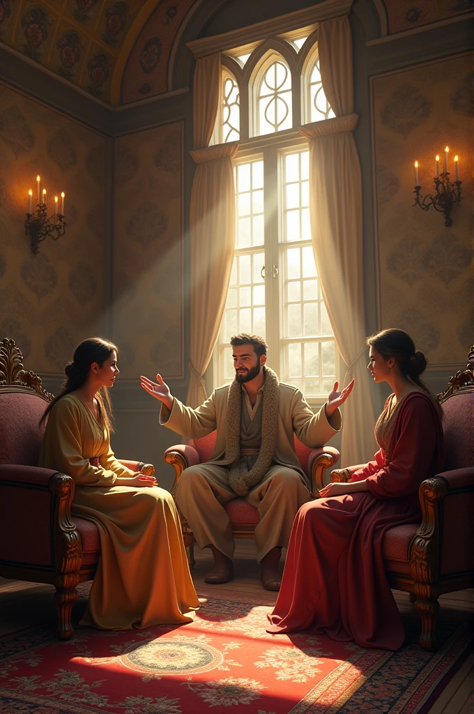 Image of a man telling his two wives about his long journey, with fine details of the house and furniture..