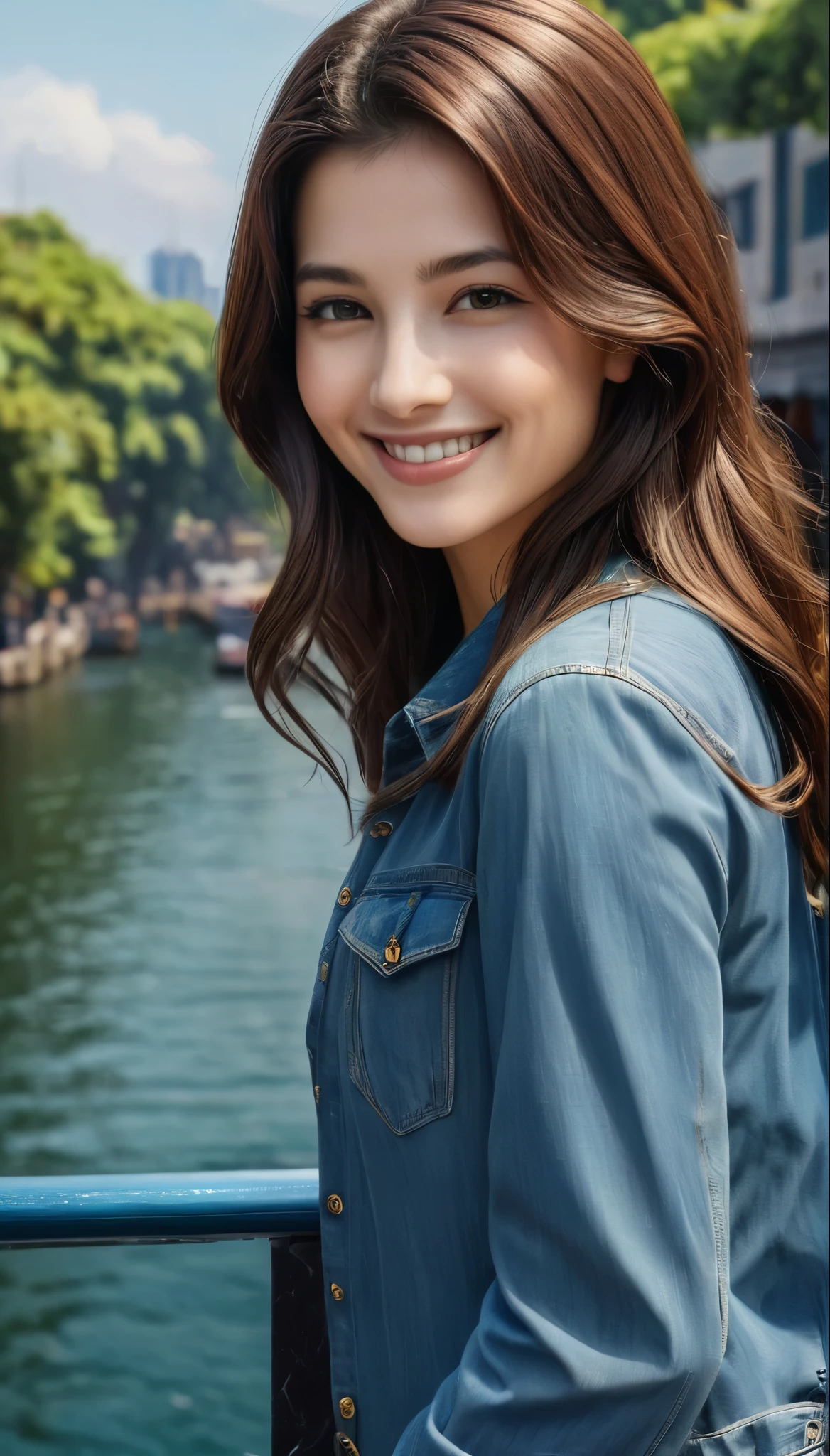 Many islands are floating in the air, A small airship is flying, city, Fantasy, Extremely detailed, Realistic Light, Great composition, (Intricate details), (Intricate Design, Very detailedな :1.2), Art Station, (masterpiece, Highest quality), Ultra HD, 32K  (Close-up portrait of a beautiful 1 girl smiling at the viewer:1.1),smiling, Long Hair, Brown Hair, Anatomically correct, High-resolution model, Very detailed, Textured skin, 