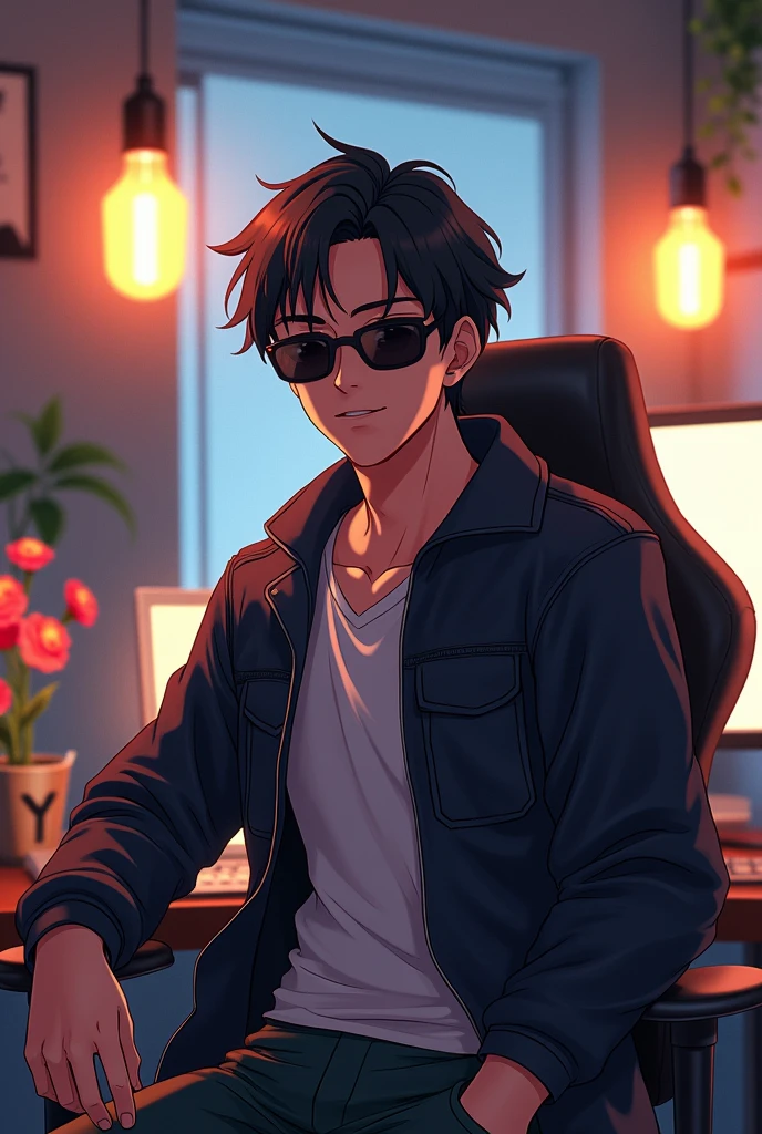 The anime man character like tube Sensei is wearing black sunglasses in youtube studio set up and front side table and table,s back side gaming chair with tube Sensei like anime character and background side goldan play button, flowers etc.
Thoda sa anime character ko @tubesenseioficial jaise bna do background side bulb 💡 and character ko rider jacket phena do image ko phele jaise hi rakho bas Jo bole the o change kro aur quility 8K rakho