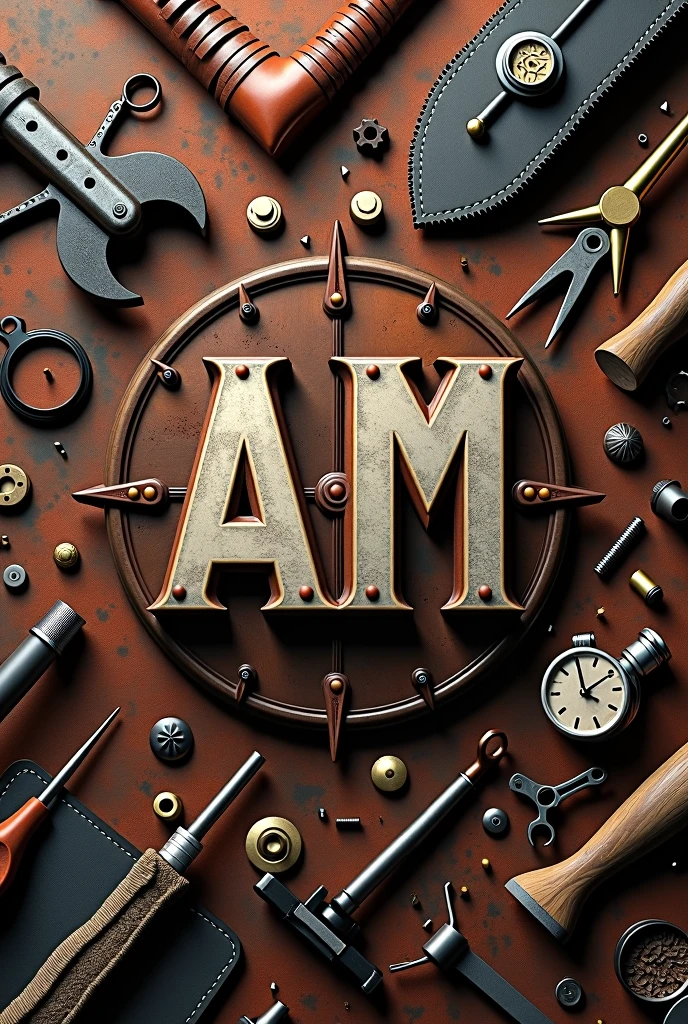 I want to create an image for a company specializing in leather working, wood working, 3d printing, and blacksmithing with the AM symbol