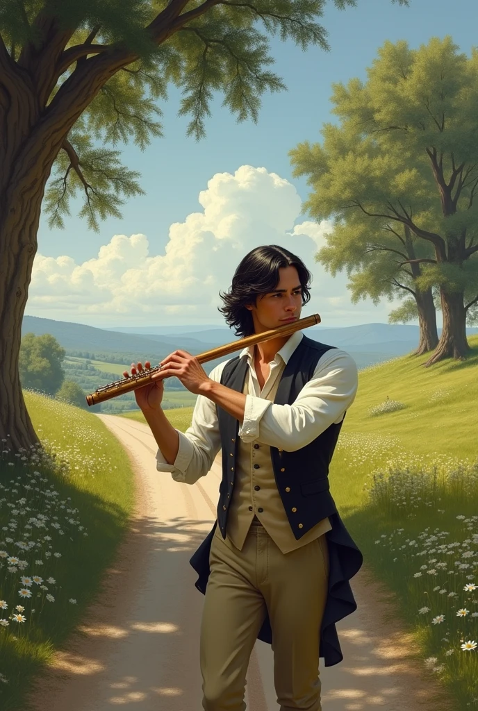 Small moments go where an attractive man plays a flute on a country road in the year 1800