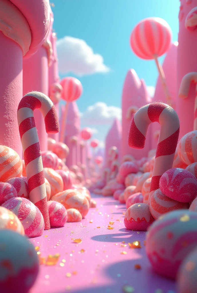 Create a 3d image of an 80s candy world with a free space floor in front (for me to add a character)