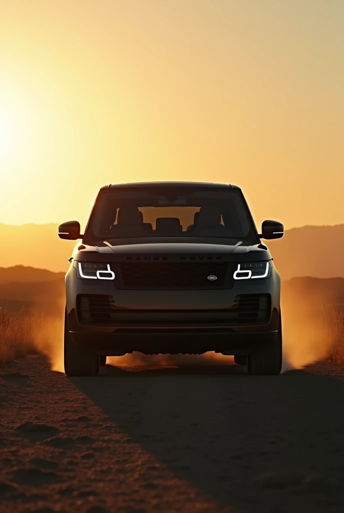 A black Land Rover Range Rover SUV with no license plates and completely tinted windows on a ranch at 7pm 