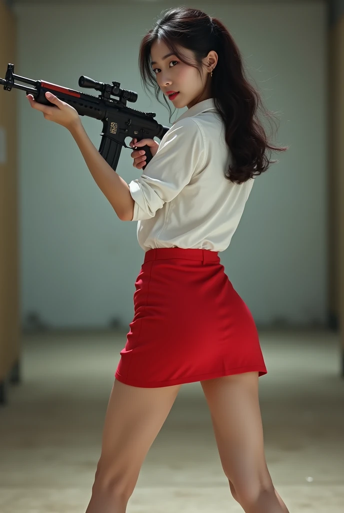 back view facing real person realistic beautiful korean office lady in white shirt and red super tight mini skirt standing stance legs open spreading arms straighten full portrait holding rifle gun back view facing hip low waist shooting range sexy legs aiming target