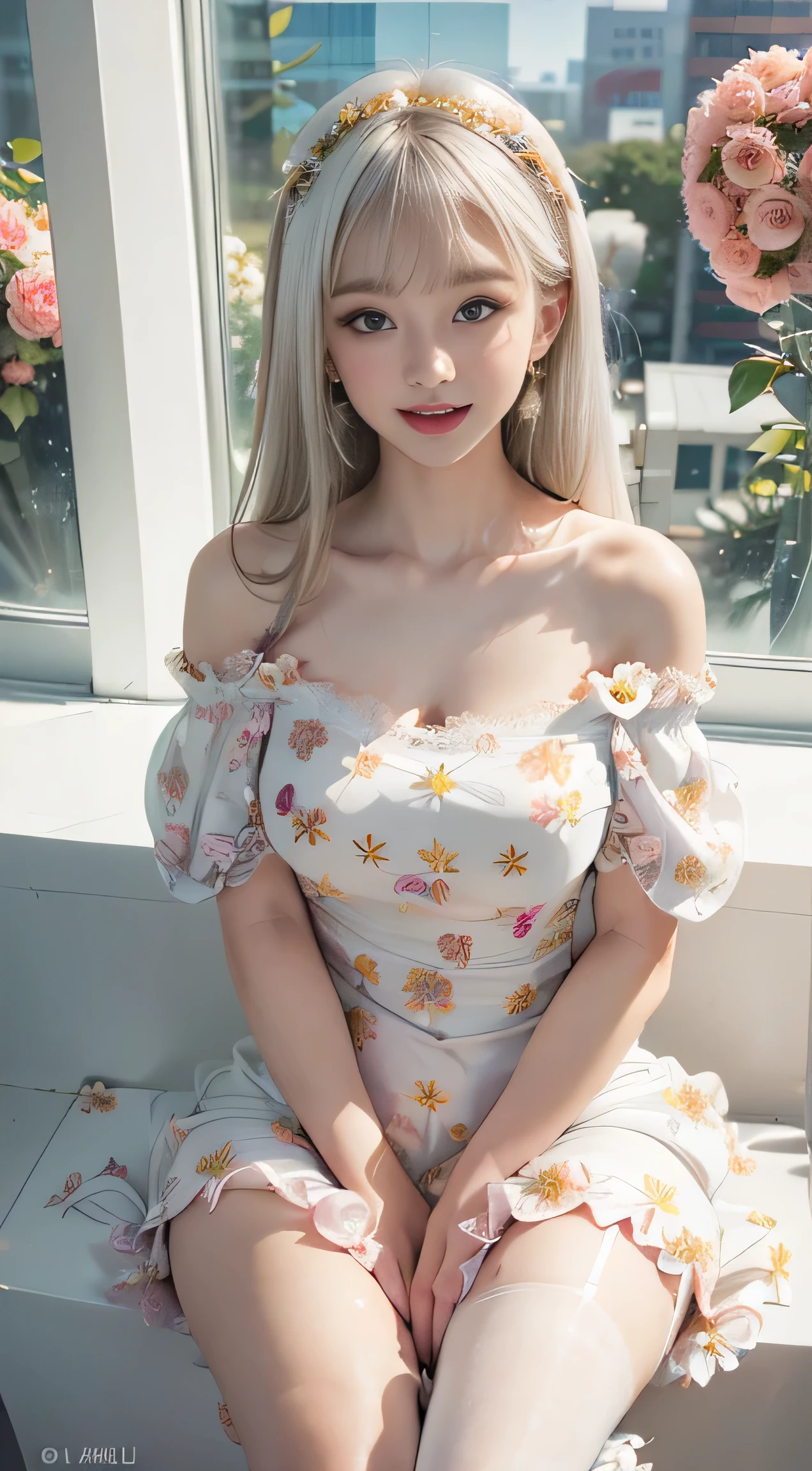 ((Girl sitting in office and opening legs)）, Silver hair, Bangs, Blunt bangs, Long straight hair, aqua eyes, longeyelashes, Solid Circle Eyes, makeup, Open mouth, blush, Parted lips, Bright pupils, smiley, Seductive smile, glint, surrealism, Modern、Black pantyhose、high-heels、（(Pure white dress、Floral dress、、off shoulders、: 1.6)）、Skyscrapers are hazy in the windows、mix４、((Open your legs slightly to show your lace panties))、