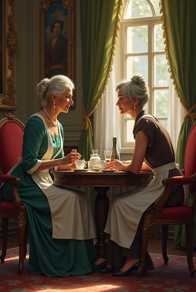 An image of a rich elderly woman talking to her elderly maid, who is wearing an apron and is very humble and has no jewelry., the two are sitting at an afternoon coffee table