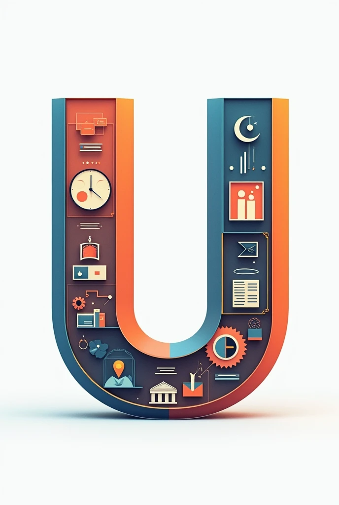 You're describing a unique visual concept where a bold letter "U" is divided into two sections. One section is filled with images related to business management, while the other is filled with images related to hotel management .