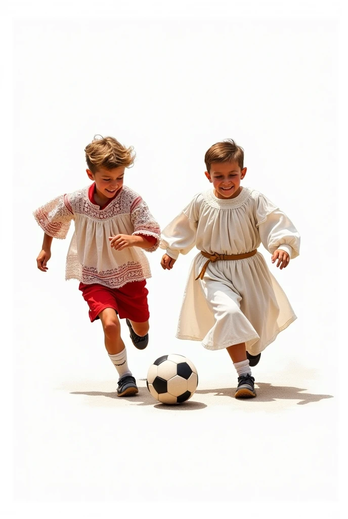 two altar boys in white lace tunics and a red tunic underneath, playing soccer on a white background, soccer ball, realistic drawing type