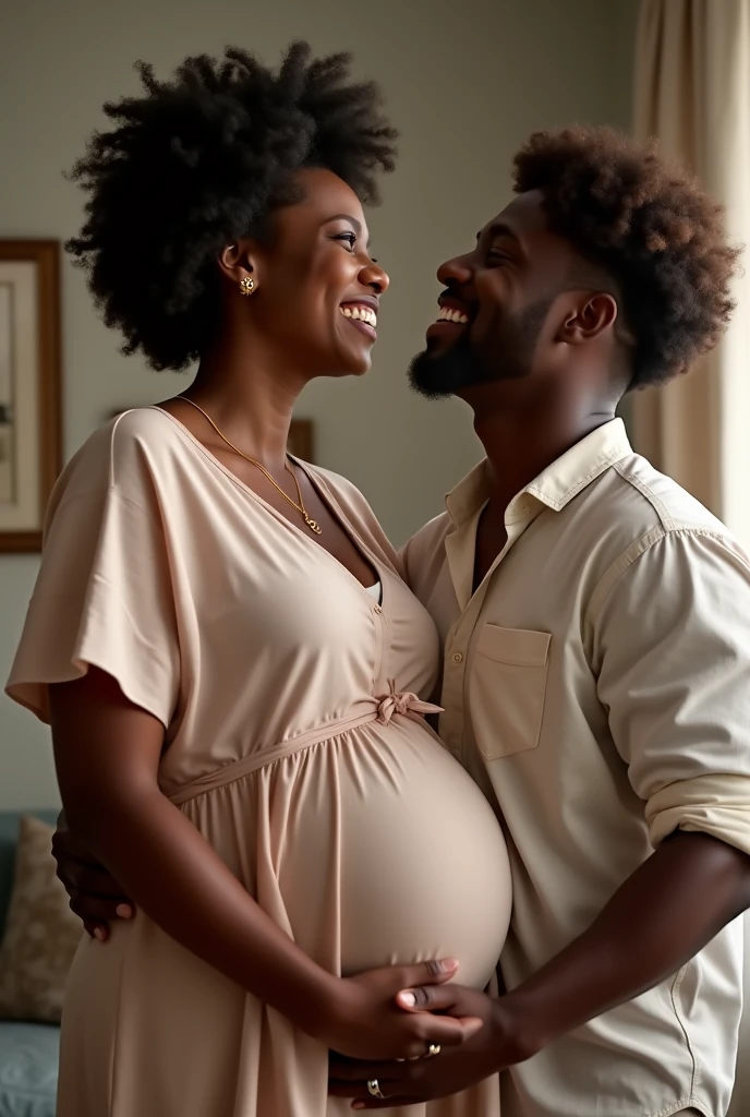 Pregnant black woman laughing with her white partner