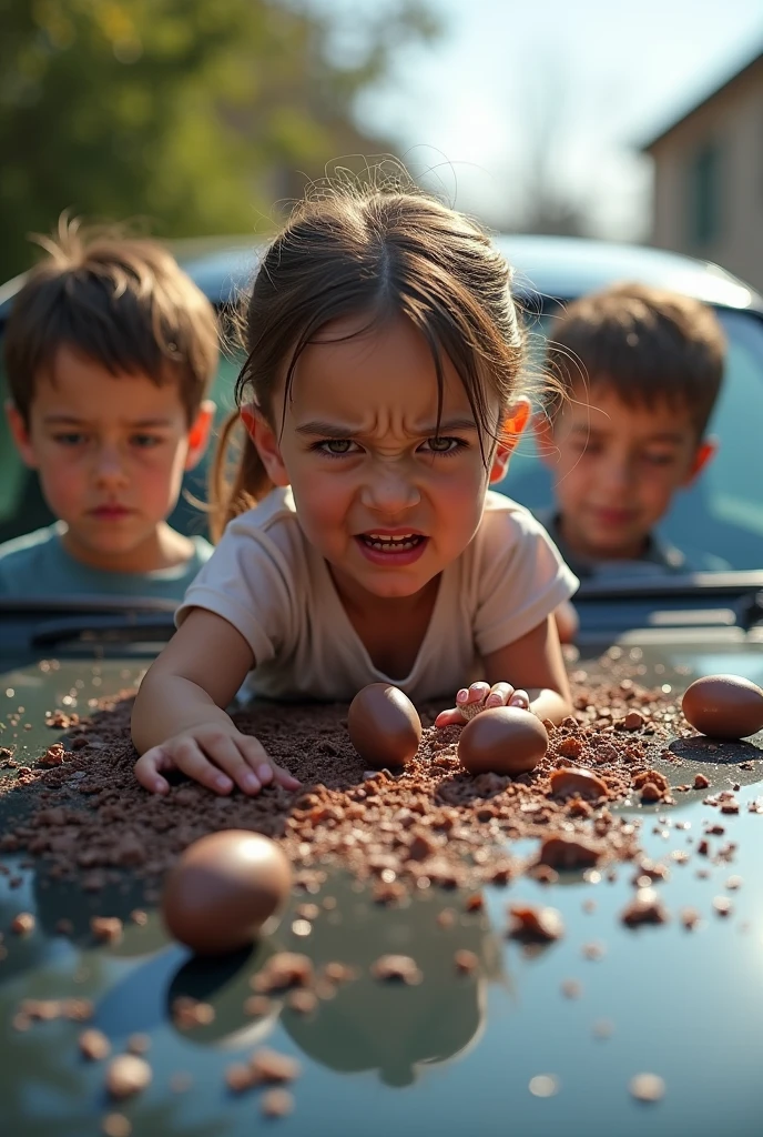  angry girl breaking chocolate eggs on the hood of a car and her 2 sad brothers