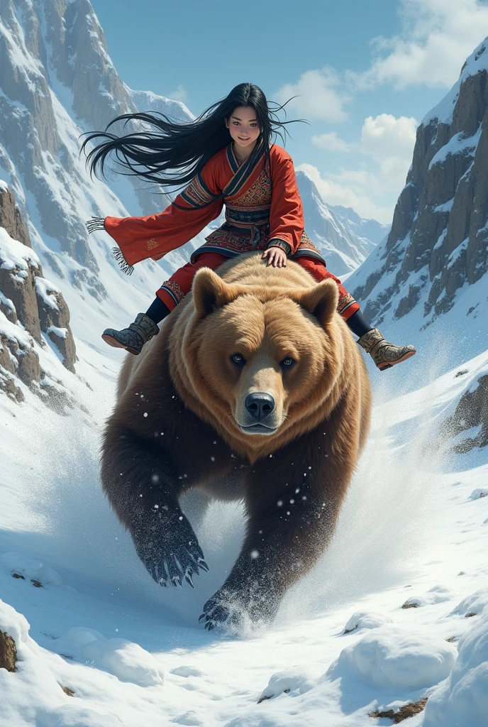 girl\(long black hair, Ainu folk costume, smiling,white skin\) sitting on a big brown bear running at great speed through the wilderness\(snowy mountains\) of Hokkaido,dynamic camera angle, powerful composition, concentrated lines, scattered snow,great land scape