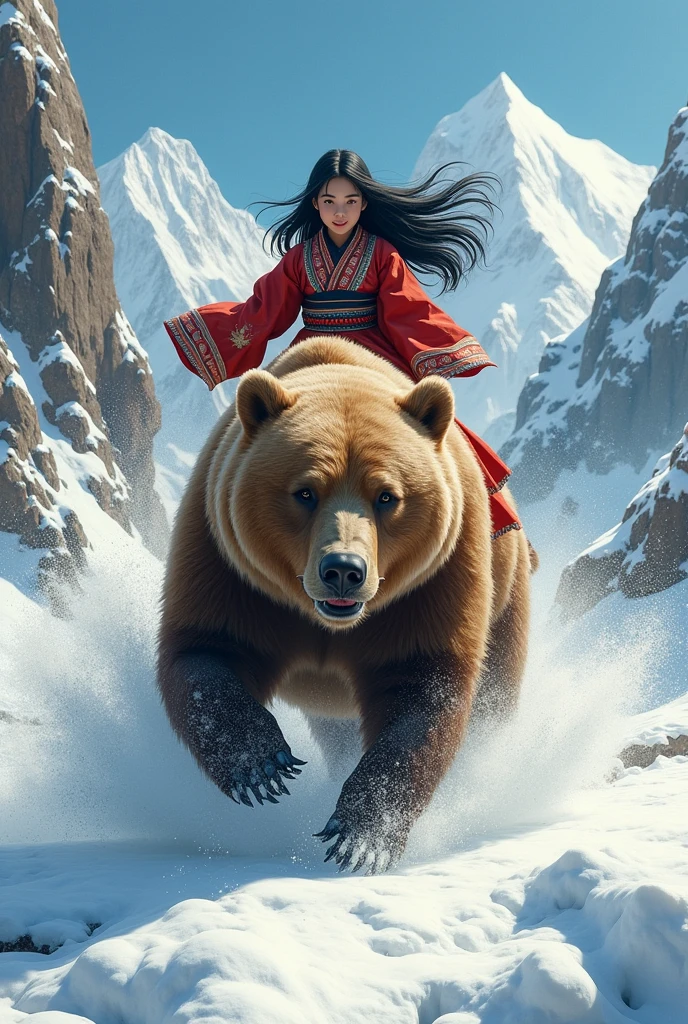 girl\(long black hair, Ainu folk costume, smiling,white skin\) sitting on a big brown bear running at great speed through the wilderness\(snowy mountains\) of Hokkaido,dynamic camera angle, powerful composition, concentrated lines, scattered snow,great land scape
