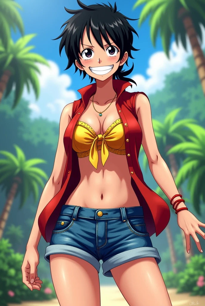 One Piece Luffy female version smiling and wearing an open red vest showing her bra and yellow ribbon with short denim shorts