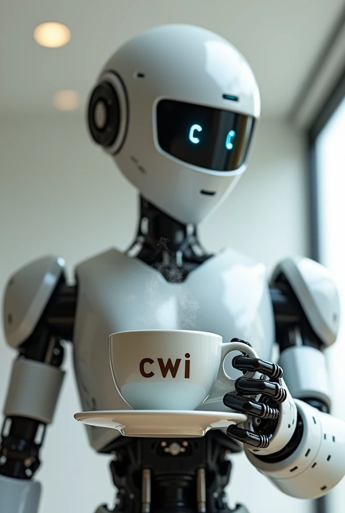 art of an avatar of a code reviewing robot with a cup of coffee and on the cup contains the letters "cwi" as a selfie