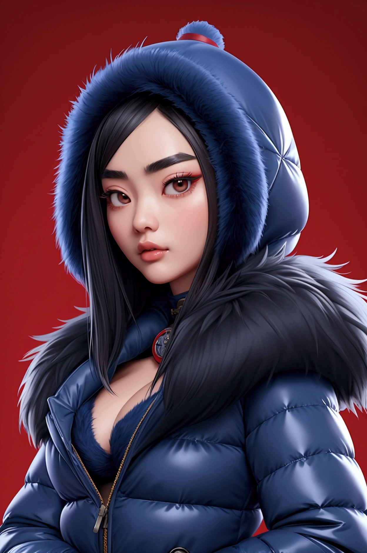 Chinese female, wearing a very large tight navy blue moncler shiny puffer coat, thick eyebrows, photorealistic, masterpiece, moncler, fluffy fur hood, large breasts, red silk bra, open coat, exceptionally detailed face, coat off the shoulder, bare shoulder