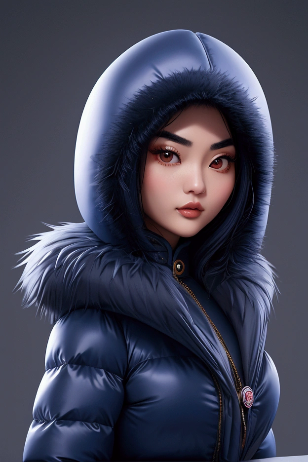 Chinese female, wearing a very large tight navy blue moncler shiny puffer coat, thick eyebrows, photorealistic, masterpiece, moncler, fluffy fur hood, large breasts, red silk bra, open coat, exceptionally detailed face, coat off the shoulder, bare shoulder