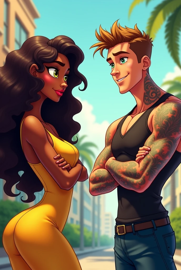 She has long curly hair, bright olive skin and striking, light yellow eyes., curvy body with wide hips and full lips dressed in a sheath dress.
He has short light brown hair, a sculpted jaw, a tattooed body and striking green eyes. He is so handsome that he looks like the actor who played Clark Kent but younger..
They are facing each other; she has her arms crossed with a serious expression and he has a mocking smile.. animated cartoon.