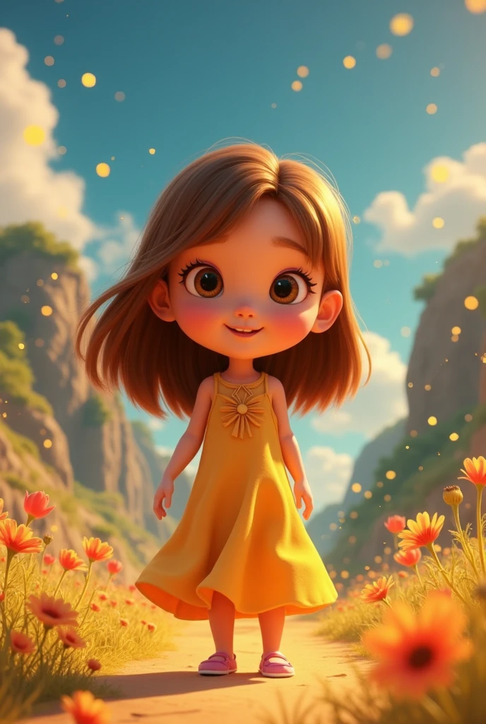 Make a Pixar cartoon showing a girl with a lot of self-love, straight hair, white skin, and honey-colored eyes.