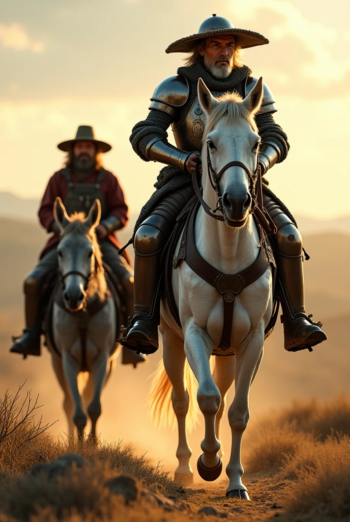 Don Quixote of La Mancha in armor, old, on his skinny horse, White color, with mambrino helmet, a lance and Sancho Panza with his hat on his grey mule, walking towards the horizon