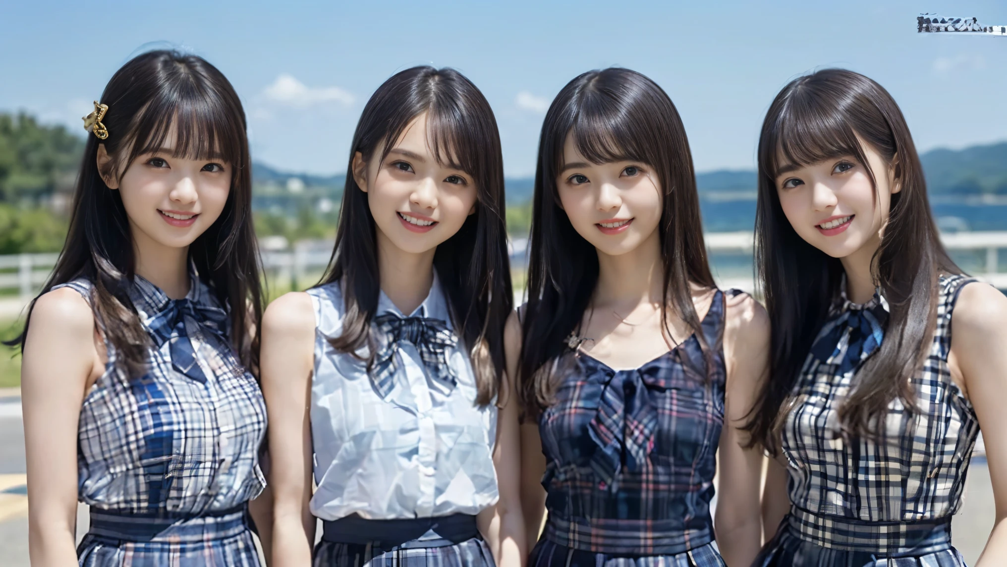 (Highest quality, masterpiece:1.2), Highest quality, Realistic, photograph, High resolution, 1080P, 8k, Physical Rendering, ((height: 155cm、Slim and slender style、medium firm chest)), ((((((Beautiful fashion models featured in Japanese fashion magazines。、Look directly at the viewer)))))), (((big, Very fine, Beautiful dark brown eyes))), ((((Everyone loves me、They are Laughter at me.!)))), Detailed fingers, (((length, Curled bangs))), ((((Very noble and cute eyes, Every detail is carefully drawn)))), ((double eyelid)), (((length eyelashes))), ((cute、Adorable、Adorable、Laughter、Laughter頬)), ((. Her eyes and the white skin of her face are beautifully white...........)), (((((Her face is very expressive、With a noble smile。, Very fun smiling beauty, Very clever smile))))), ((((A striking plain navy large school ribbon bow tie)))), ((((In the strong wind、Her beautiful long black hair was flowing。、Fluttering Hair)))), (((((((She is wearing a formal long pleated skirt..., Blue and navy tartan check, ))))))), ((((The size is a bit small、She is wearing a white sleeveless shirt with a gold emblem)))), ((As elegant as a noble princess)), ((Tight waist((((((Very close))))))、((((((Summer memories of three high school girls)))))、Shortcut Straight Hair