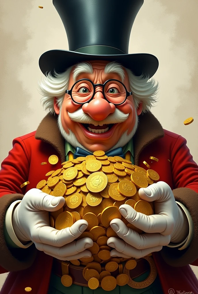 uncle scrooge with glasses holding billionaire money gold
