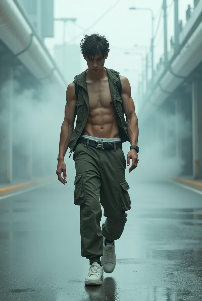 little distance、Strenuous movements、vibrancy、cyberpunk style、Blade Runner vibe、Steam flows from exhaust outlets on the road surface、The road surface is wet、solo、Fluttering hair、Turtle、white skinned、(cargo pants、vests、White sneakers)、(delicate detailed fingers、Detailed body、detailed arms、human hand)、(Detailed face) 、(8k hyper HD、 Top resolution,、The is very detailed、 profesional lighting、 Gray light illumination、low angle from below、Blow steam into the landscape、Fog in the landscape、Foggy, handsome 6 pak boy, reclin
