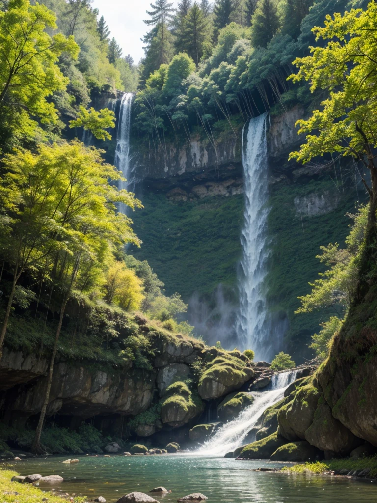 Clarge waterfall on the edge of the lake in a forest with trees with large branches and yellow leaves with a rainy sky