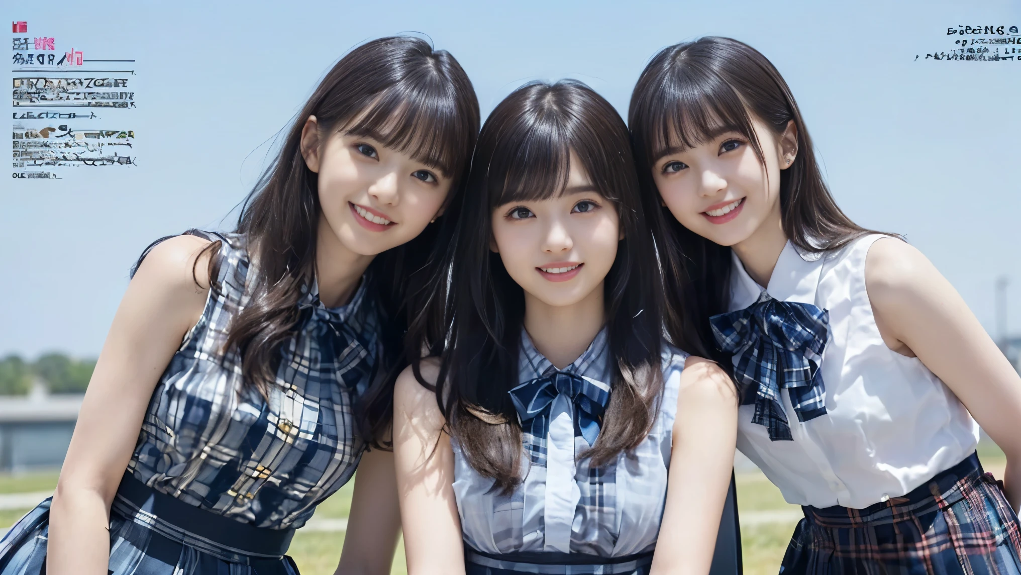 (Highest quality, masterpiece:1.2), Highest quality, Realistic, photograph, High resolution, 1080P, 8k, Physical Rendering, ((height: 155cm、Slim and slender style、medium firm chest)), ((((((Beautiful fashion models featured in Japanese fashion magazines。、Look directly at the viewer)))))), (((big, Very fine, Beautiful dark brown eyes))), ((((Everyone loves me、They are Laughter at me.!)))), Detailed fingers, (((length, Curled bangs))), ((((Very noble and cute eyes, Every detail is carefully drawn)))), ((double eyelid)), (((length eyelashes))), ((cute、Adorable、Adorable、Laughter、Laughter頬)), ((. Her eyes and the white skin of her face are beautifully white...........)), (((((Her face is very expressive、With a noble smile。, Very fun smiling beauty, Very clever smile))))), ((((A striking plain navy large school ribbon bow tie)))), ((((In the strong wind、Her beautiful long black hair was flowing。、Fluttering Hair)))), (((((((She is wearing a formal long pleated skirt..., Blue and navy tartan check, ))))))), ((((The size is a bit small、She is wearing a white sleeveless shirt with a gold emblem)))), ((As elegant as a noble princess)), ((Tight waist((((((Very close))))))、((((((Summer memories of three high school girls)))))、Shortcut Straight Hair