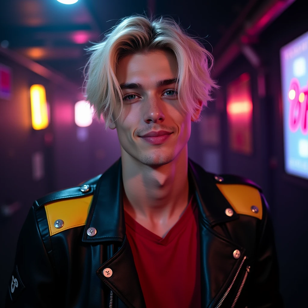 photograph portrait shot, attractive 22 year-old male model, short platinum blond layered textured hair, long layered side swept bangs hair, vibrant blue eyes, boy face, skinny svelte body, smirking expression, almond shaped eyes, very pale skin tone, black leather jacket with yellow accents on shoulders, red shirt, inside private underground club, dim lighting, neon lighting, cinematic