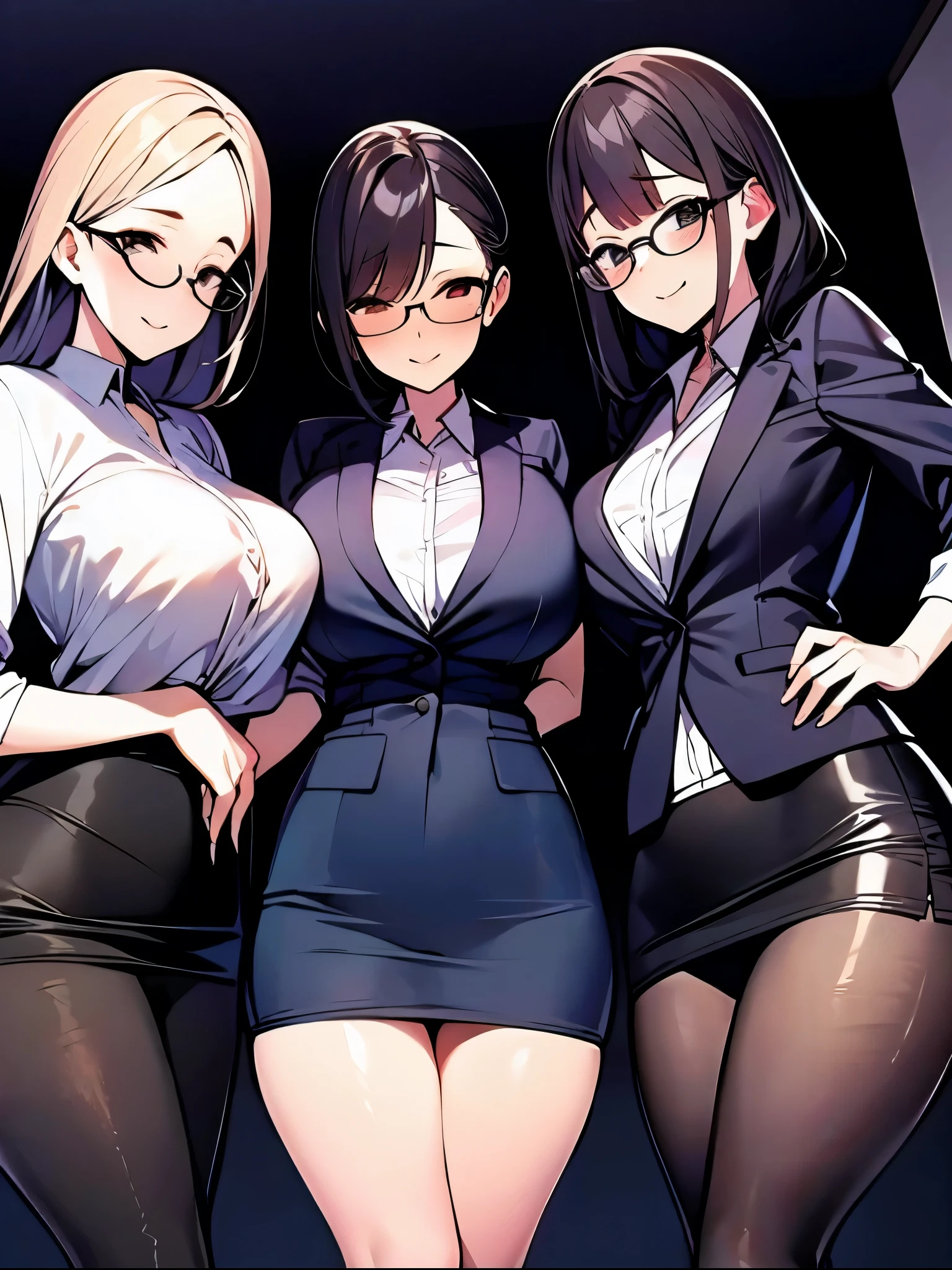 （（super high quality,））（（Ultra-high resolution,））（16K,）（super masterpiece,）（（Ultra HD ,））（Detailed shading,）Three sexy mature women,Side by side,Office Lady,（（popped Tight collar White shirts,））Black tight skirt,Glasses,blush,Sexy smile,Rooftop at night,