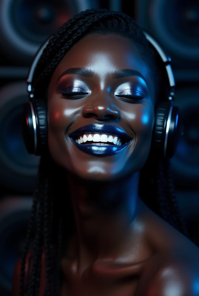 face of a beautiful dark black woman with closed eyes and smiling with closed mouth, She is happy, has dark blue metallic eye makeup, Dark blue metallic lipstick that shines in the reflection of light, she has headphones and has a black background with speakers behind her