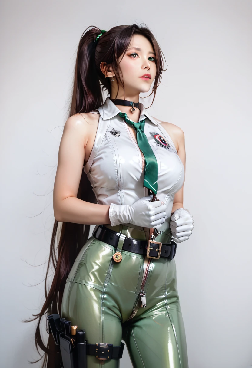 score_9, score_8_up, score_7_up, ((ruanyi0530, green necktie, belt, mechanical parts, black choker, sleeveless, white gloves, bare shoulders, green bodysuit, zipper)), high ponytail, very long hair. A 17-years-old glamorous japanese idol. Her perfect busty model body accentuates an ultimate irresistible sexual attractiveness, award-winning photography at low view angle, hyperrealistic, ultrarealistic, raw photo, fuji velvia, realistic photo, high resolution, raw photo.