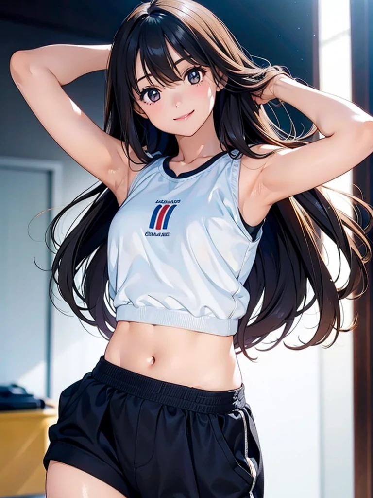 Girl, cute, adorable, smiling, straight hair, long hair, black hair, standing, (right arm up behind:1.2), (shows armpit:1.2), (left　arm Lower waist:1.2), Swayback stance, looking at the camera, From the front, from thighs to head, my room, daylight, Sports bra