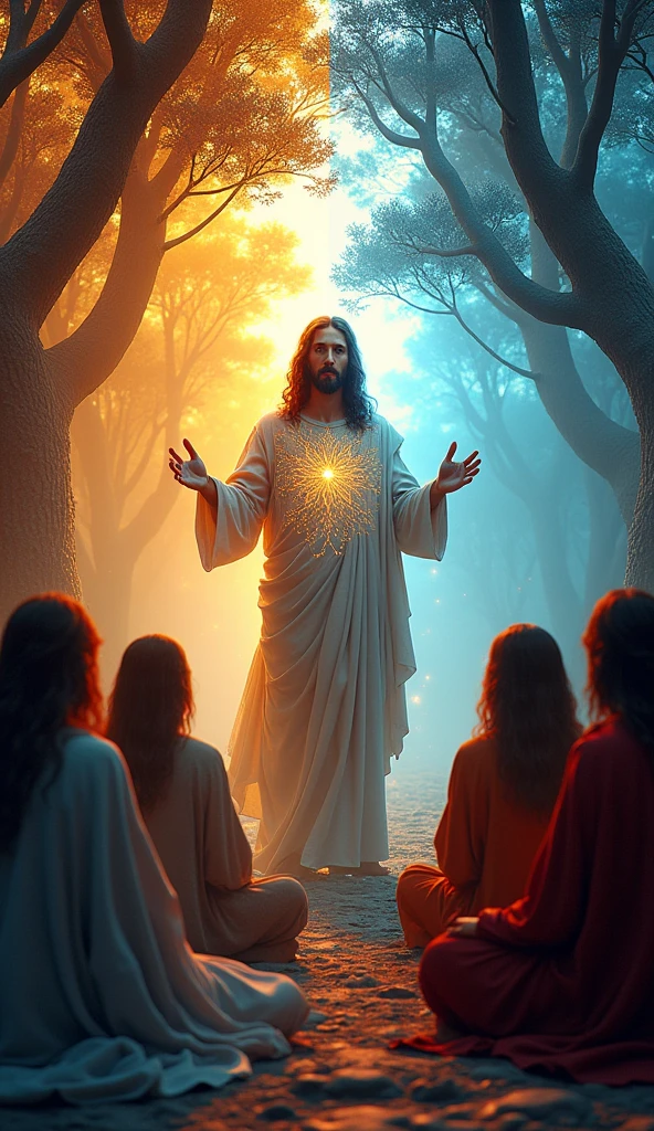 A surreal digital painting shows Jesus teaching his disciples. On the left, the people of Jerusalem are in awe of his words. Jesus' body displays intricate celestial patterns. Tree-root-like appendages in shades of orange, red and blue-gray surround him, along with shimmering fir trees flanking the scene, creating an atmosphere reminiscent of an ancient era. The background splits into fiery amber on the left and electric blue on the right. Contrasting lighting effects create a vivid look and rich textures contribute to the surreal and dramatic mood of the scene, UHD, 8K, clay render, perfect lines, sharp focus, godness, gold rays