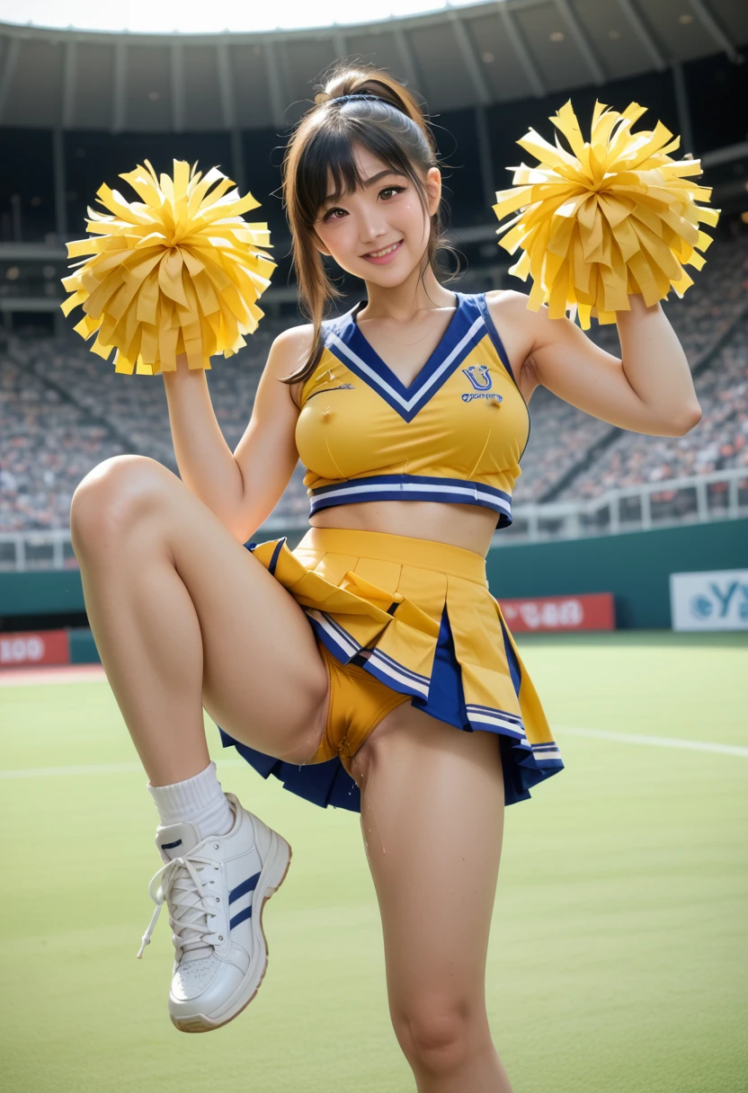 score_9, score_8_up, score_7_up, 1girl,Japanese,1 cheerleader, 22yo, japanese, cute girl, realistic photo,black ponytail hair with side bangs,(wearing cheerleader uniform,panties,sneakers,Pom Poms:1.1), medium breasts,visible shadow of erect nipples ,(pussy juice),camel toe,hairy pussy, seducing viewer, curvy, looking at viewer,Stadium, standing, spread legs,(one leg up) ,green theme, from front, smile,