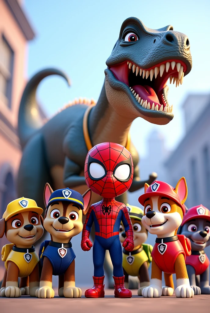 paw patrol in spiderman outfit, spiderman and dinosaur on transparent background