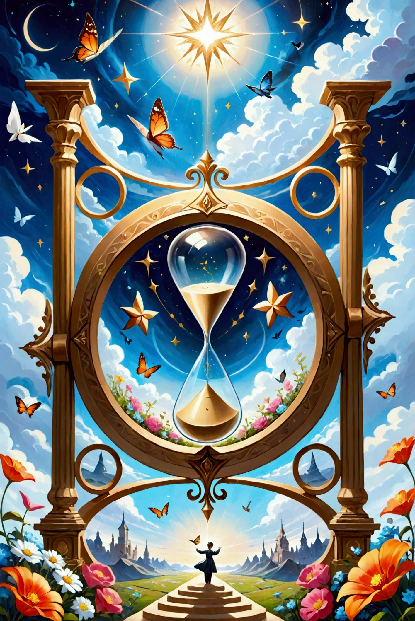 Surrealist paintings depicting the joy of living, With the sounds of the sky as a background,  There is an hourglass in the center、Flowers are blooming , There are elements at the four corners (music, butterfly , Stars and birds on every corner 
