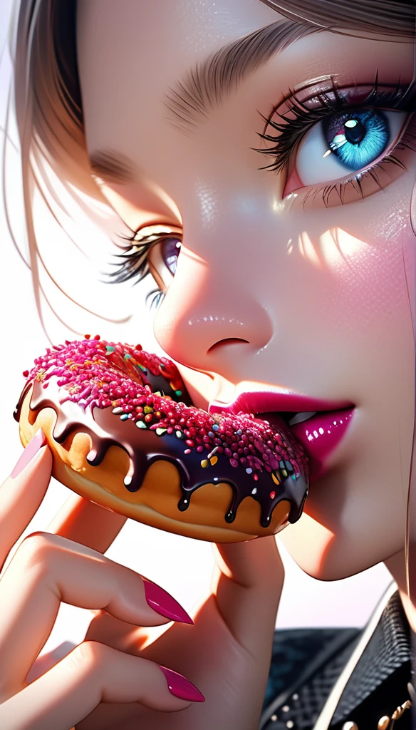 a stylish girl eating a donut, beautiful detailed eyes, beautiful detailed lips, extremely detailed face, long eyelashes, intricate donut texture, glossy donut surface, vibrant berry colors, natural lighting, photorealistic, 8k, (best quality:1.2), hyper detailed, (realistic:1.37), elegant, chic, modern, berry cute, studio lighting, cinematic