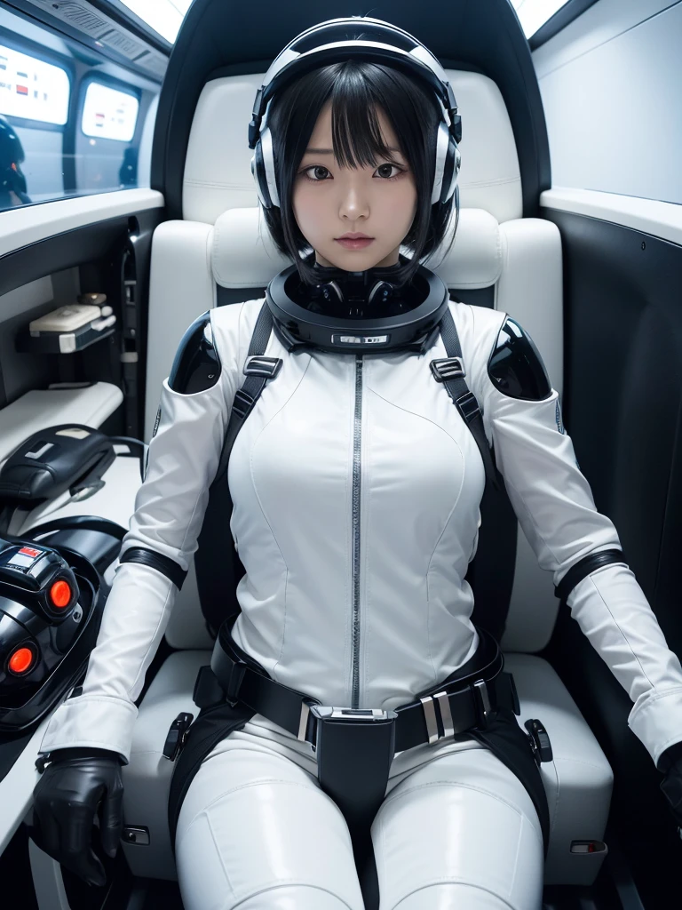 Japanese female android,Black Hair,Space capsule,The person is completely secured in the seat with the backrest reclined by a thick harness belt.,Plump,Spread your legs,Squat,Shiny white robot suit,Surrounded by switches and monitors,A helmet that completely covers the head,