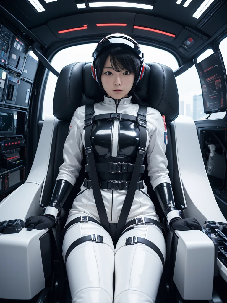 Japanese female android,Black Hair,Space capsule,The person is completely secured in the seat with the backrest reclined by a thick harness belt.,Plump,Spread your legs,Squat,Shiny white robot suit,Surrounded by switches and monitors,A helmet that completely covers the head,